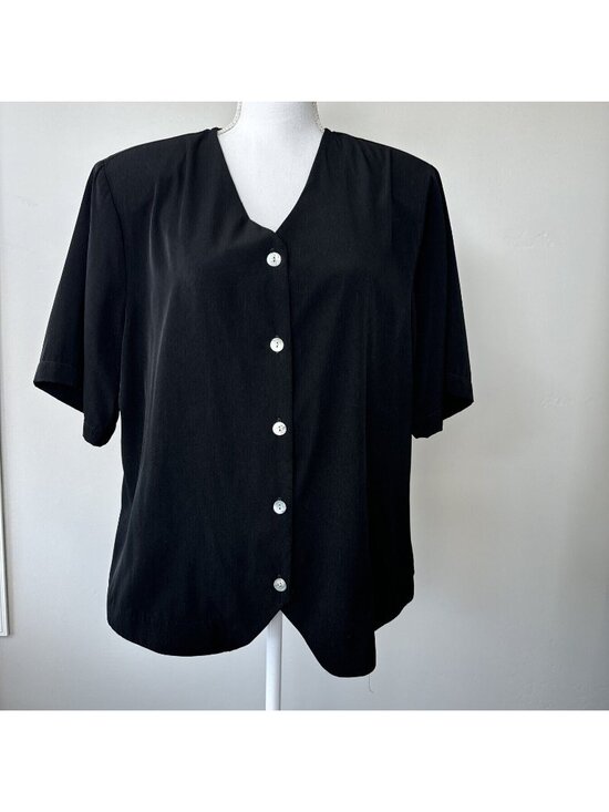 Notations Tops - Notations Womens Black Button-Down Short-Sleeve Blouse Size 18 V-Neck Light
